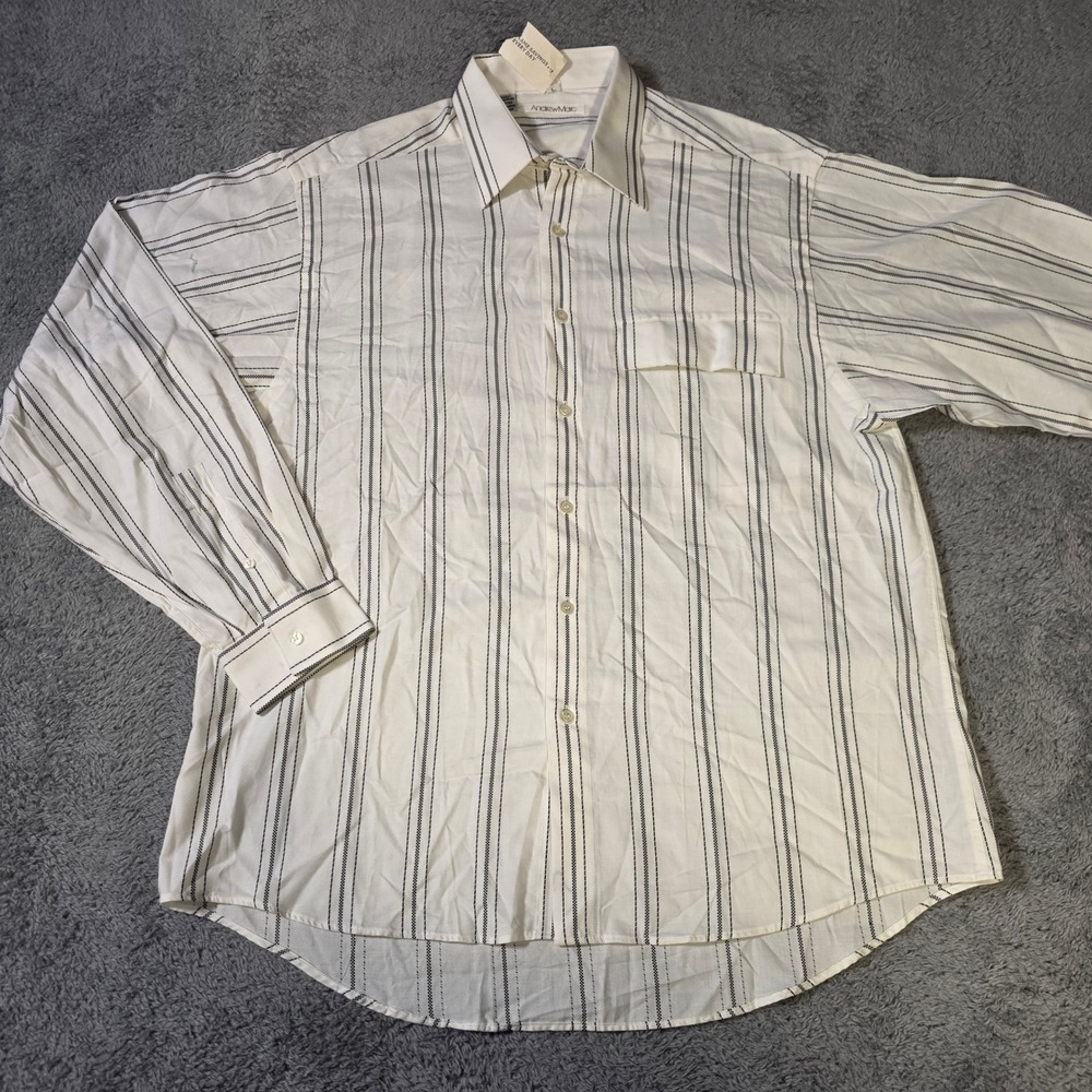 Andrew Marc Mens Large Button Up Shirt‎ White Black Striped Egyptian Cotton LS